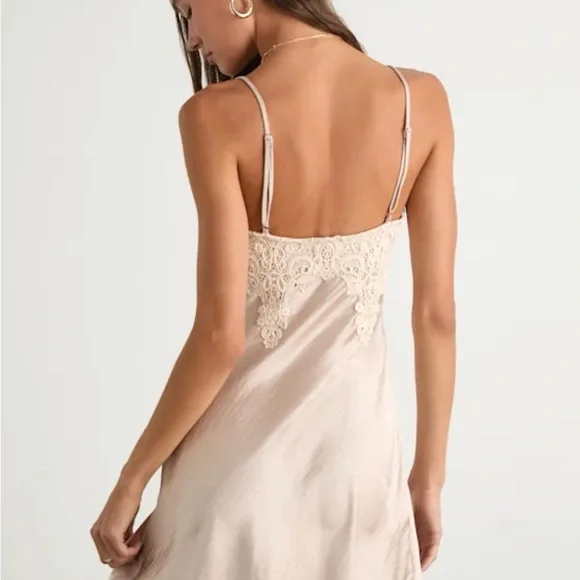 Lulus Maylene Champagne Satin Crochet Lace Slip Mini Dress - Picture 2 of 7